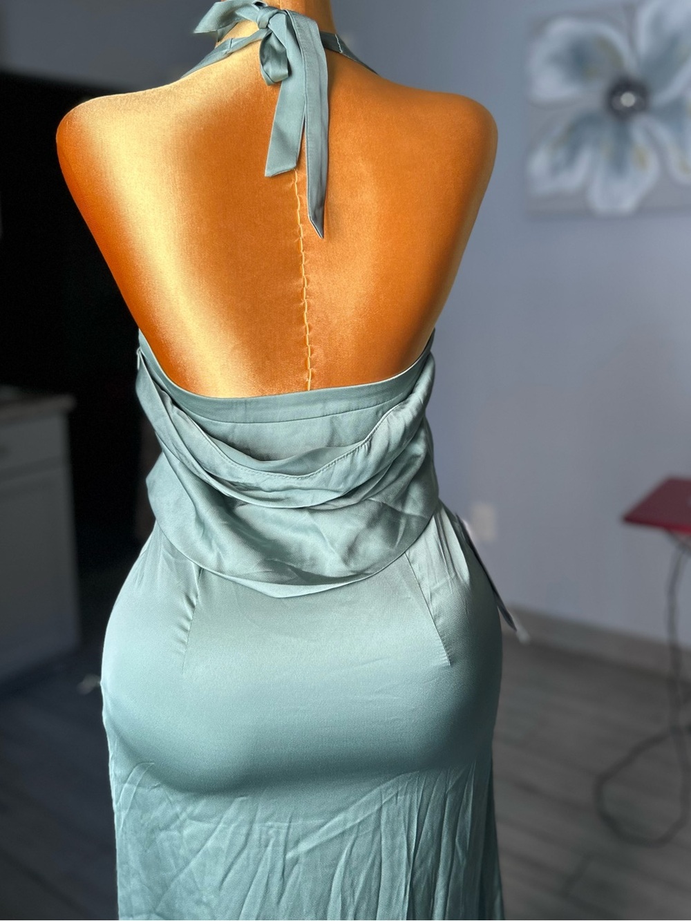Open-Back Halter Maxi Dress in Sage Green,size 2